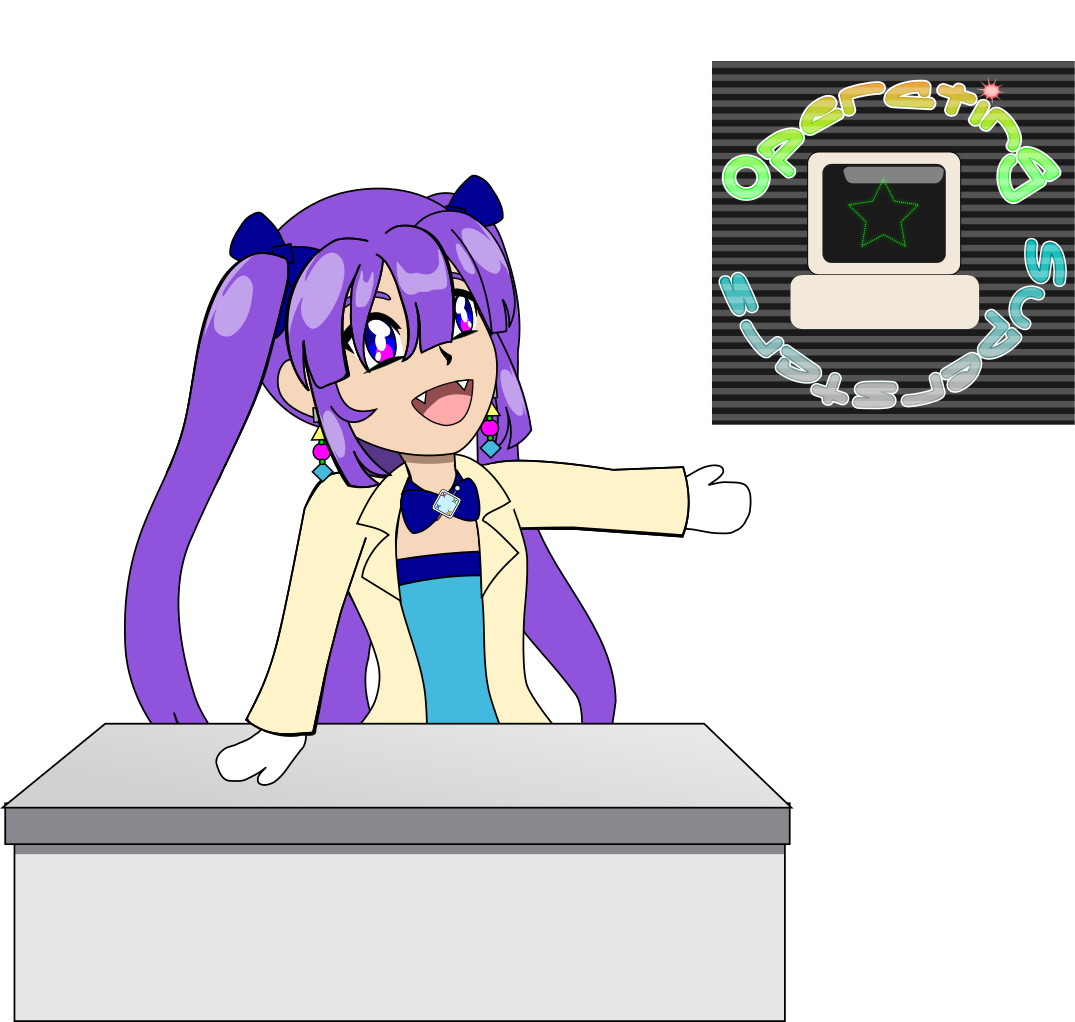 Image description: Wénjié is smiling and standing at a desk; her right hand is placed on the surface and her left hand is outstretched, gesturing towards the Operating Superstars project logo