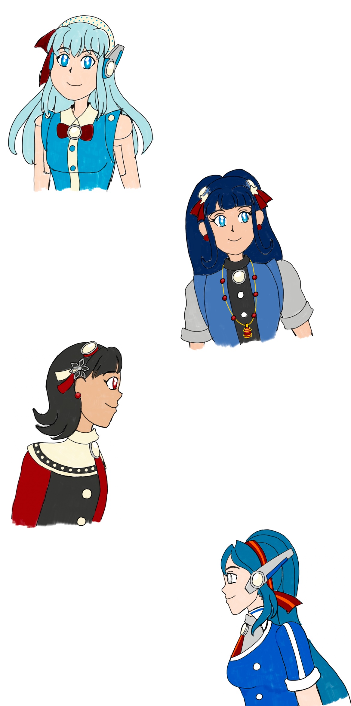 Image Description: Close-up sketches of Piper, Polyxena, Phuong and Piritta with a proposed redesign; each of them have headpieces based on hardware. Piper's and Piritta's are robot antennae in place of ears. Polyxena's and Phuong's are a pair of circular headpieces that resemble goggle rims and lenses. Each of the headpieces have circular light yellow panels in the middle.